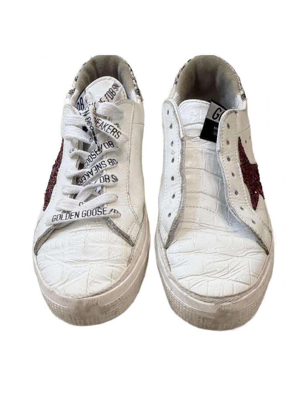 Golden Goose May White Croc-Embossed Sneakers Red Glitter Star Snake Print Sz 7 - Picture 12 of 13